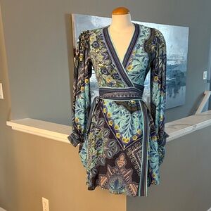 Hale Bob Vibrant Blue and Green Long Sleeve Dress